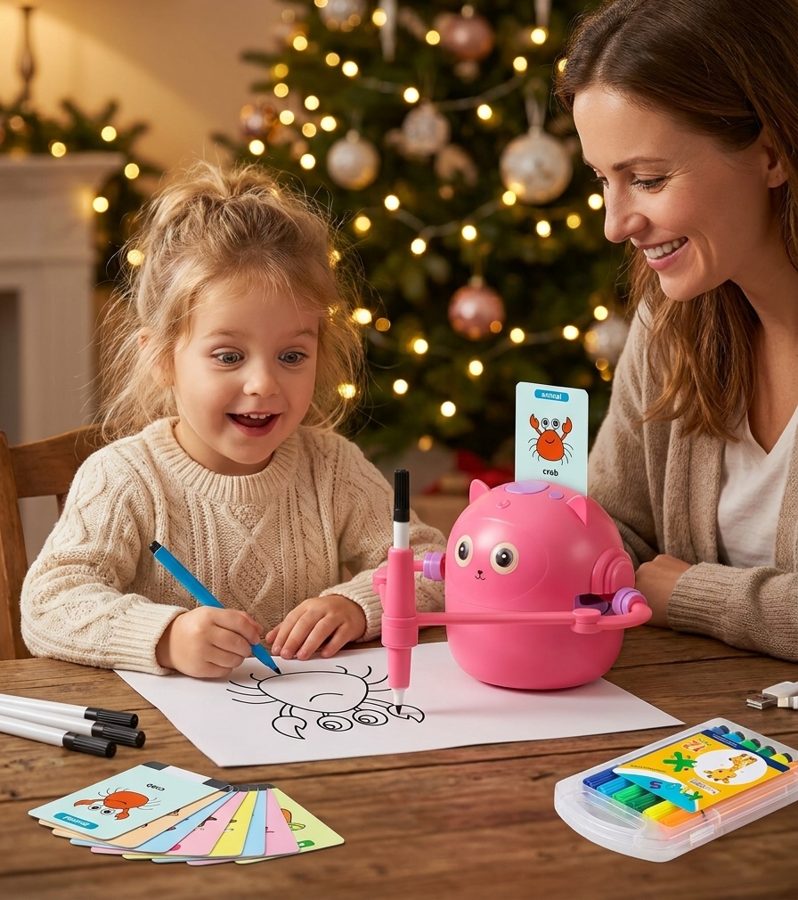 Enfant qui colorie à côté du robot dessinateur rose