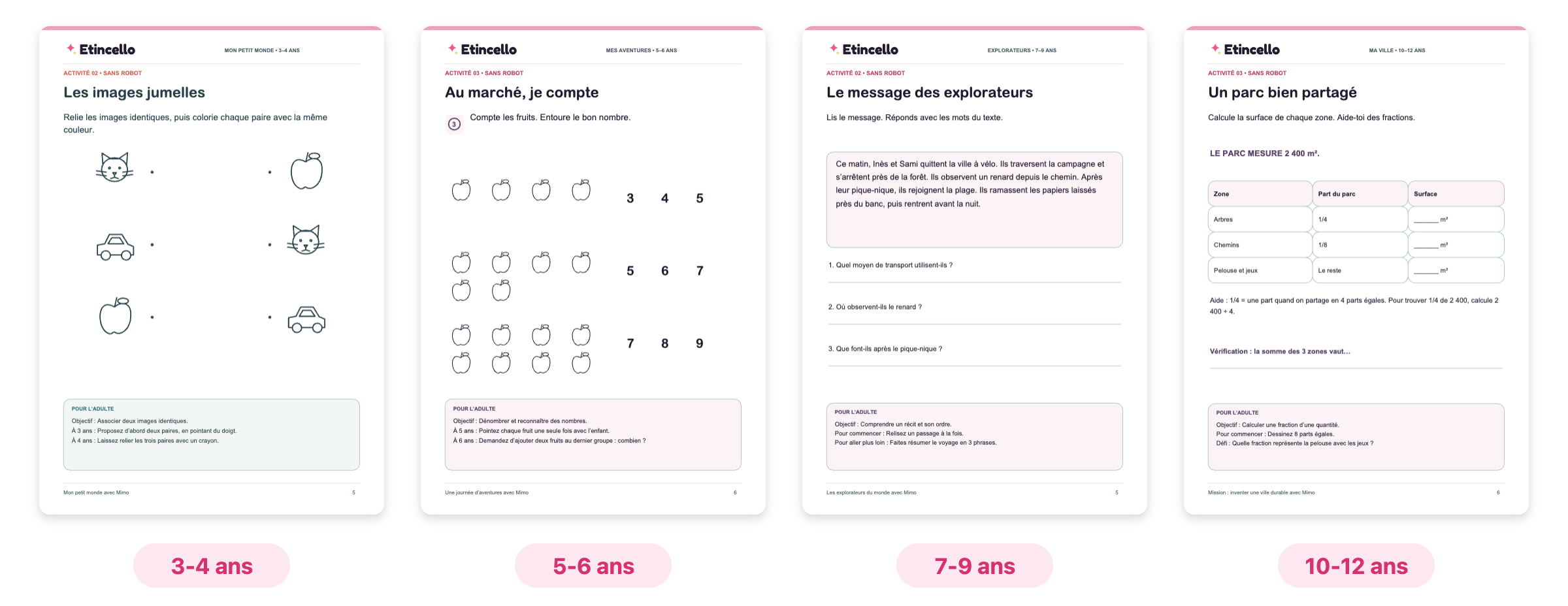 Aperçu des pages d’activités des 4 livrets Mimo Family